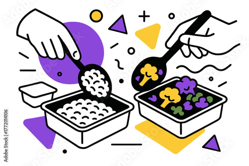 Mindful Meal Preparation. Rationing Food. Close-up of hands portioning rice and vegetables into containers with floating abstract geometric shapes, precise and