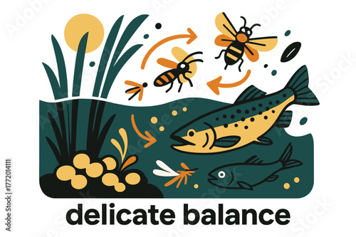 Freshwater Food Chain. River Ecosystem ? Freshwater Life. Fish glide under reeds; arrows trace food chain links from algae > insects > trout. Caption ?delicate