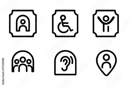 Inclusive Event Icons. Audience Accessibility. Set Logo of Inclusive Event Icon: Minimal outline, Negative space, Flat solid, Symmetrical form, Stylized