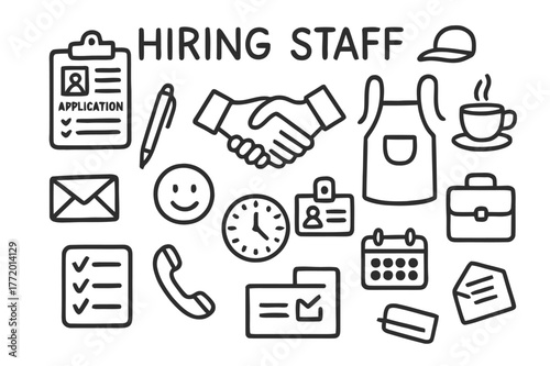 Hiring Doodle Icons. Hiring staff. Hand-drawn doodle illustration Hiring staff application form, clipboard, pen, handshake, barista hat, apron, coffee cup,