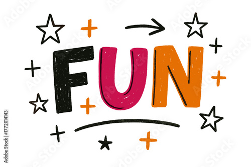 Playful Doodle Fun. Doodle / Sketch style with playful hand-drawn letters, rough sketch outlines, arrows, stars, casual youthful layout, colored lettering, no