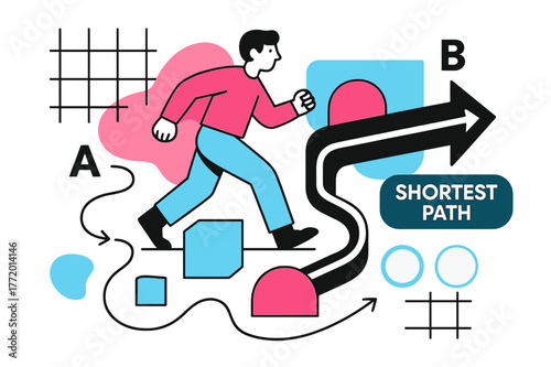 Geometric Pathfinding Art. Vector Displacement Diagram. A figure walks around obstacles, but a clean arrow cuts directly from A to B; ?Shortest Path? glows