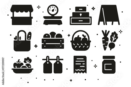 Organic Market Icons. Farmers market with organic produce. Solid icons set of Farmers market with organic produce: market stall, weighing scale, cash box,