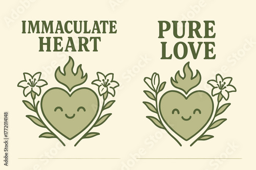 Kawaii Heart Banners. Immaculate Heart. Two vertical A6 banners with safe margins, centered composition, no elements touching edges, kawaii, olive green and