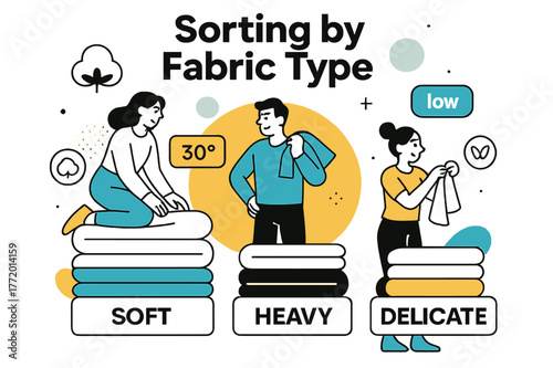 Fabric Sorting Icons. Sorting by Fabric Type. Cotton, wool, and silk icons hover beside piles labeled ?Soft / Heavy / Delicate.? Floating tags represent