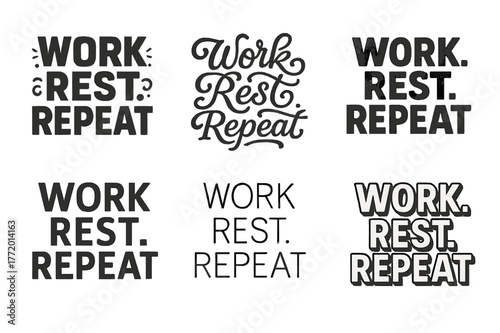 Creative Lettering Grid. Work. Rest. Repeat. Set lettering. harmonious lettering variations of the same emblematic concept, each with different artistic