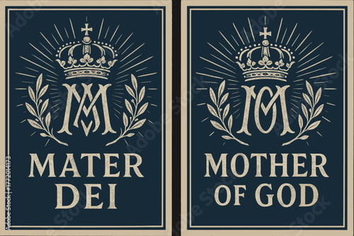 Mater Dei Banners. Mater Dei. Two vertical A6 banners with safe margins, centered composition, no elements touching edges, retro, deep blue and silver, vintage