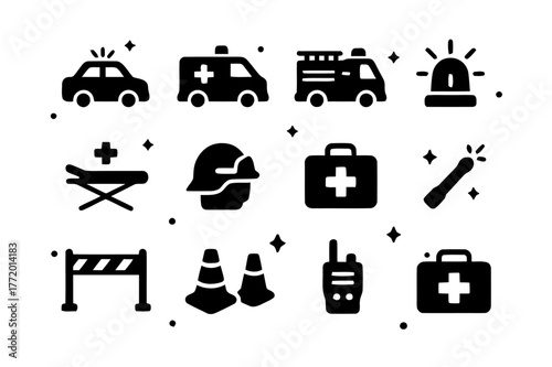 Emergency Response Icons. Emergency response on street. Solid icons set of Emergency response on street: police car, ambulance, fire engine, siren light,