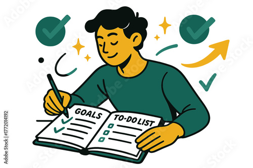 Goal-Setting Planner Scene. A person setting goals and writing a to-do list in a planner for self-improvement. Individual jotting down daily tasks and goals