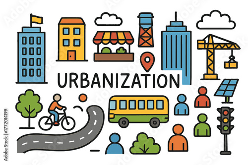 Colorful Urban Doodle. Urbanization. Colorful Hand-drawn doodle Children illustration Urbanization skyline, apartment block, bus, bicycle, street market, water