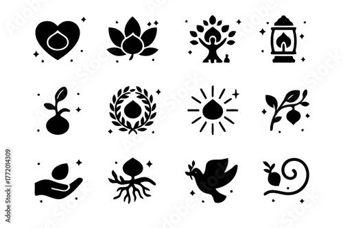 Chestnut Symbols Grid. Chestnut Symbolism. Solid icons set of Chestnut Symbolism: heart nut, leaf crown, family tree, sprouting nut, circle wreath, lantern