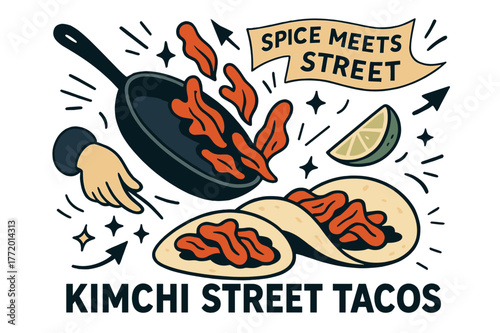 Kimchi Taco Fiesta. Kimchi street tacos. A sizzling skillet flips crimson kimchi into warm tortillas; ?Spice meets street? banner waves. Lime wedges dive like