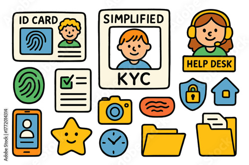 KYC Doodle Icons. Simplified KYC. Colorful Hand-drawn doodle Children illustration Simplified KYC ID card, selfie frame, fingerprint, checklist tick, camera