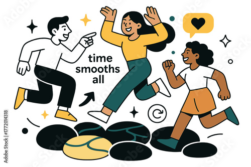 Riverbed Serenity. Pebble ? Riverbed Calm. Rounded pebbles overlap under clear rippling water; soft highlights shimmer across surfaces. Text ?time smooths all?