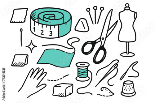 Tailor's Tools Doodle. // Tailor?s measuring tape. Hand-drawn doodle illustration Tailor?s measuring tape [soft tape coil (accented), centimeter