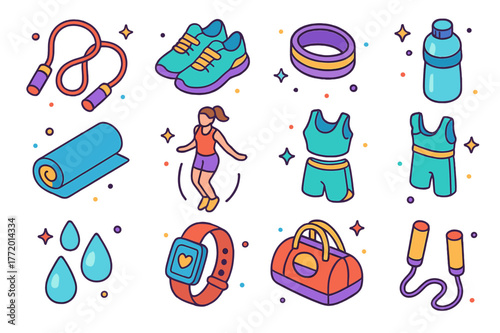 Jumping Exercise Icons. Jumping exercise. Colorful isometric vector icons set of jumping exercise: skipping rope, sneakers, sweatband, water bottle, gym mat,