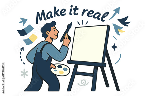 Painter's Creative Vision. Artist. A painter lifts a brush as a blank canvas glows with possibility; ?Make it real? arcs above the easel. Swatches flutter like