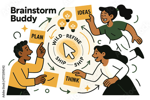 Brainstorming in Motion. AI Assistants ? Brainstorm Buddy. Sticky ideas swirl around a glowing cursor; the words ?wild / refine / ship? loop along a path.