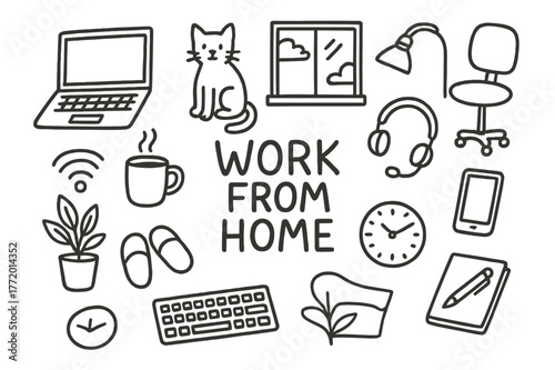 Home Office Doodles. Work from home. Hand-drawn doodle illustration work from home laptop, cat, mug, slippers, window, lamp, headset, chair, notebook, clock,
