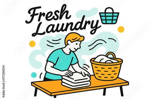 Crisp Towel Folding. Folding Station Scene. A person folds crisp towels on a table; soft motion lines show rhythm and calm. ?Fresh Laundry? floats in smooth