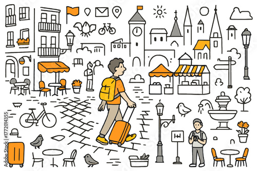 Historic City Illustration. Historic city exploration. Hand-drawn doodle illustration person walking (colored), cobblestone street (colored),