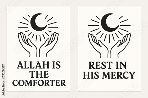 Divine Comfort Banners. Divine Comfort. Two vertical A6 banners with safe margins, centered composition, no elements touching edges, flat vector design, black