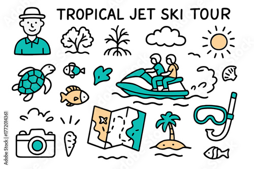 Tropical Jet Ski Adventure. // Tropical jet ski tour. Hand-drawn doodle illustration Tropical jet ski tour [tour guide icon (accented), jet ski pair