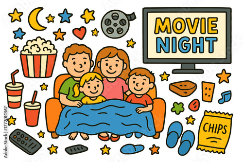 Family Movie Night. Family movie night. Colorful Hand-drawn doodle Children illustration Family movie night popcorn bowl, TV screen, couch, blanket, remote