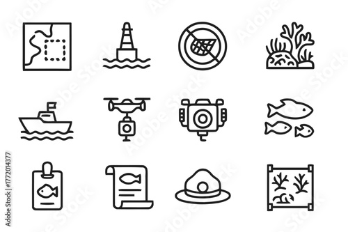Marine Protection Icons. Marine Protected Areas. Line icon set of Marine Protected Areas: protected zone map, boundary buoy, no trawl sign, reef icon, patrol