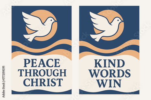 Peaceful Geometric Banners. Peace of Christ. Two vertical A6 banners with safe margins, centered composition, no elements touching edges, geometric, indigo and