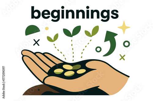 Seeds' Journey. Seeds. A handful of seeds rests on open soil; small dotted lines trace potential sprouts upward. Caption ?beginnings? floats softly above.