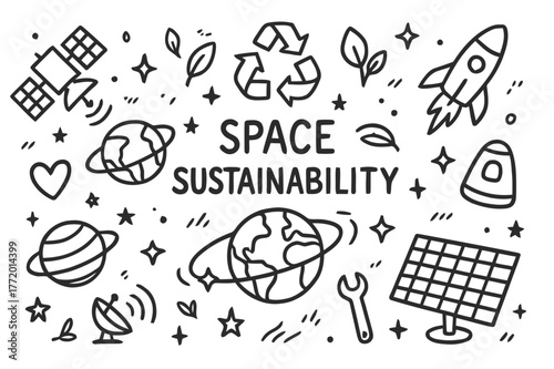 Space Sustainability Illustration. Space sustainability. Hand-drawn doodle illustration space sustainability Earth, recycle symbol, satellite, orbit ring,