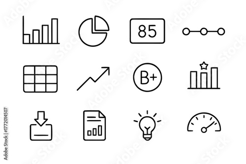 Learning Analytics Icons. Learning analytics. Line icon set of learning analytics: bar chart, pie chart, scorecard, timeline, heatmap, progress arrow, average