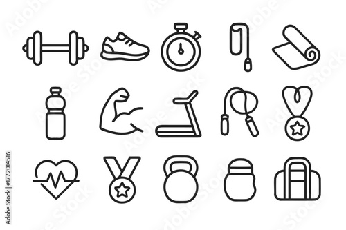 Motivational Fitness Icons. Motivational fitness. Line icon set of motivational fitness: dumbbell, running shoe, stopwatch, yoga mat, water bottle, flexed