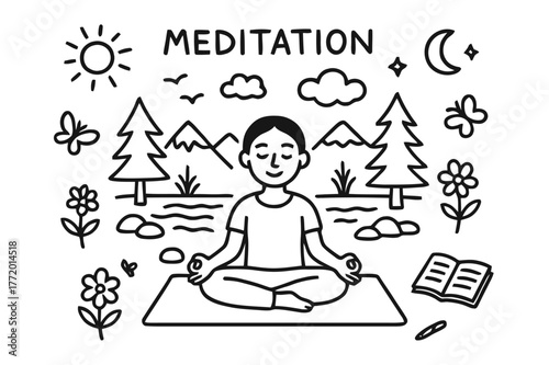 Meditation Doodle Scene. Meditation. Hand-drawn doodle illustration Meditation person cross-legged, yoga mat, mountains, trees, clouds, sun, moon, birds,