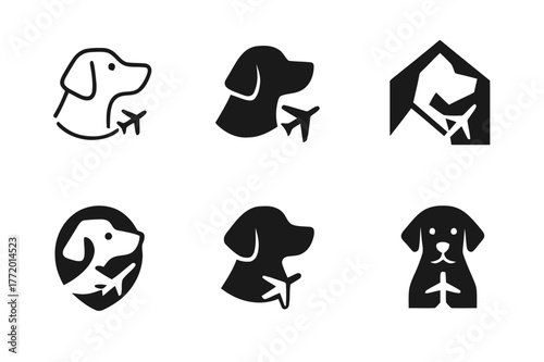 Pet Travel Logos. Pet-friendly travel destinations. Set Logo of Pet-friendly travel destinations: Dog. harmonious logo variations of the same emblematic