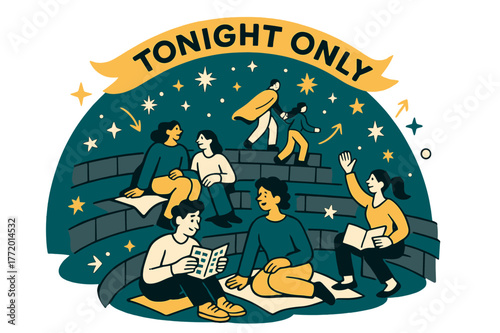 Amphitheater Night Spectacle. Amphitheater ? Audience on Stone Tiers. People settle with blankets and programs; stars rise above the rim of the bowl. Ribbon
