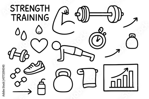 Strength Training Doodles. Strength training. Hand-drawn doodle illustration strength training flexed arm, barbell, kettlebell, push-up figure, stopwatch,