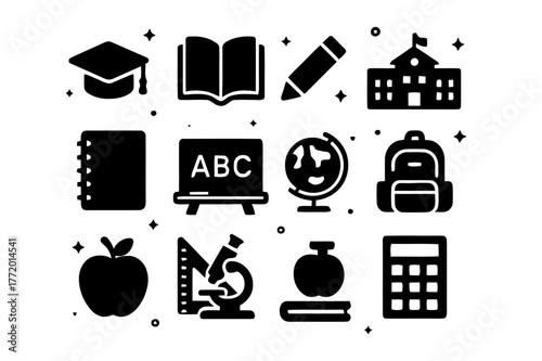 Educational Icons Grid. Education. Solid icons set of Education: graduation cap, book, pencil, notebook, blackboard, school building, globe, ruler, backpack,