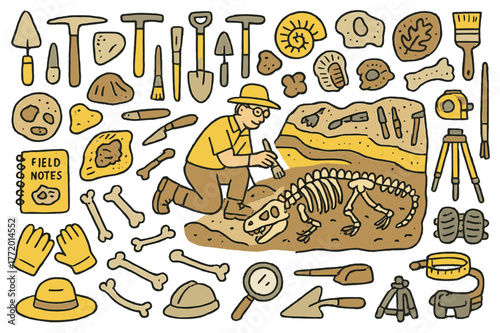 Dinosaur Fossil Excavation Art. Unearthed fossils. Hand-drawn doodle illustration paleontologist (colored), dinosaur skeleton (colored), fossils (colored),