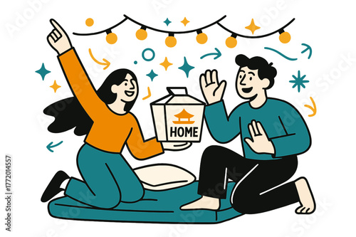 Cozy New Beginnings. First night in. Mattress on the floor, string lights floating like new constellations; takeout box labeled ?home.? Quiet wonder, big skies