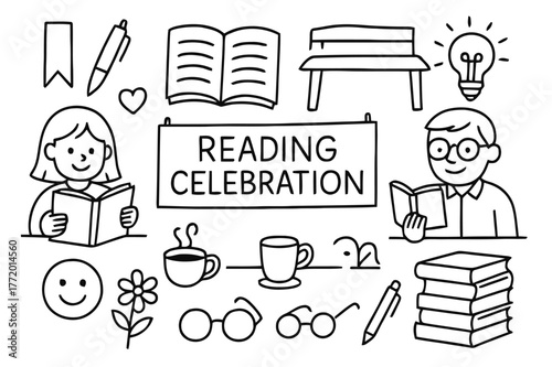 Reading Celebration Doodle. Reading celebration. Hand-drawn doodle illustration reader, author, open book, bookmark, pen, table, heart, flower, smile, coffee,