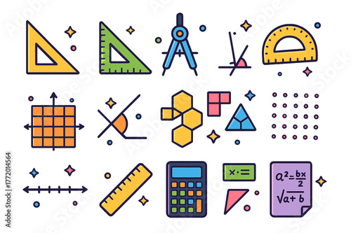 Colorful Geometry Icons. Geometry class. Colorful isometric vector icons set of Geometry class: right triangle, set square, compass, protractor, coordinate