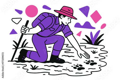 Geometric Wildlife Tracking. Wildlife Tracking. Ranger tracking footprints in muddy terrain with floating abstract geometric shapes, active and focused scene.