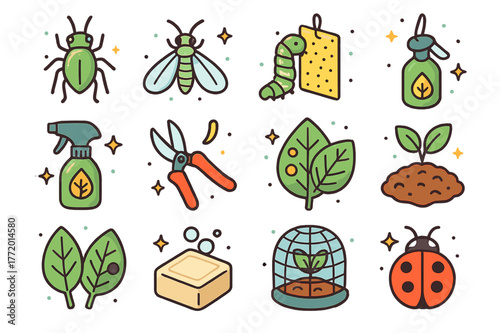 Pest Control Icons. Pest and disease control. Colorful isometric vector icons set of Pest and disease control: aphid insect, whitefly, tomato hornworm, yellow
