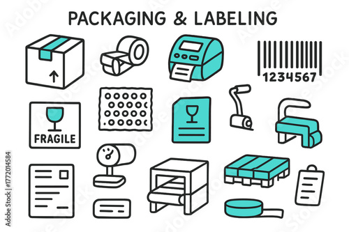 Colorful Packaging Tools. // Packaging & labeling. Hand-drawn doodle illustration Packaging & labeling [carton box (accented), tape dispenser, label printer