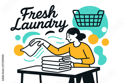 Rhythmic Towel Folding. Folding Station Scene. A person folds crisp towels on a table; soft motion lines show rhythm and calm. ?Fresh Laundry? floats in smooth