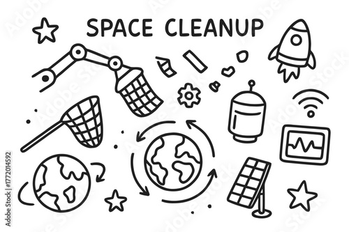 Space Debris Cleanup. Space cleanup. Hand-drawn doodle illustration space cleanup robot arm, net, satellite, collection pod, Earth, debris pieces, orbit