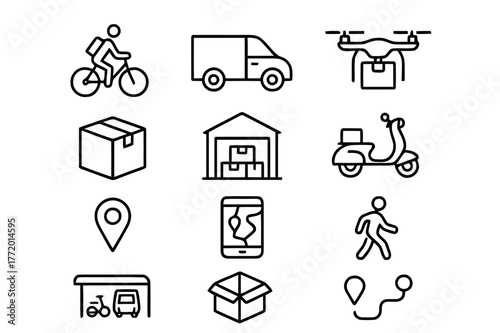 Courier Service Icons. Courier services. Line icon set of courier services: bicycle courier, delivery van, drone, package, warehouse, scooter, map marker,