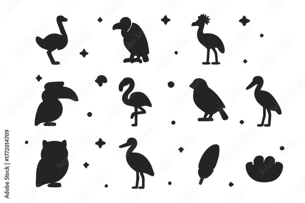 Naklejka premium Savanna Birds Icons. Savanna Birds. Solid icons set of Savanna Birds: ostrich, vulture, secretary bird, crowned crane, hornbill, flamingo, weaver bird, stork,